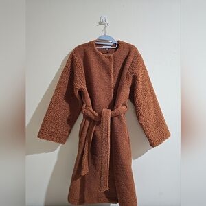 NWT Uniqlo JW Anderson Pile Lined Fleece Sherpa Collarless Coat Women Brown Med